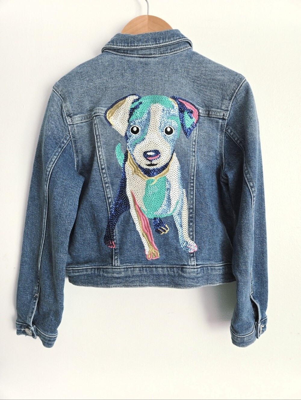 Kids Sequins Puppy Denim Jacket Size 7-8